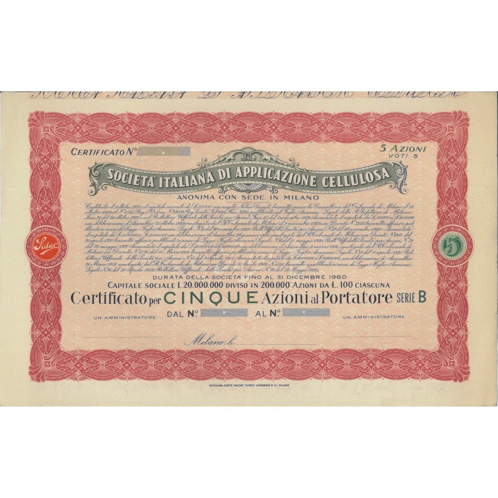 SOC. ITALIANA DI APPLICAZIONE CELLULOSA - 5 AZIONI MILANO 1929