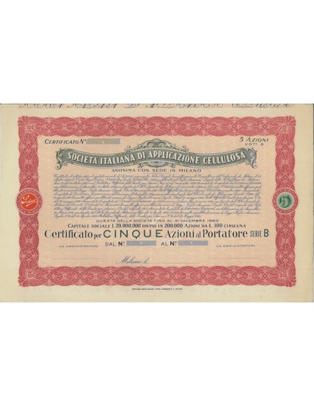 SOC. ITALIANA DI APPLICAZIONE CELLULOSA - 5 AZIONI MILANO 1929