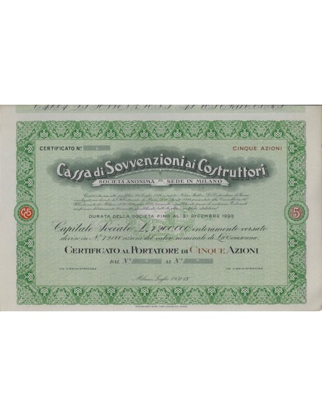 CASSA DI SOVVENZIONE AI COSTRUTTORI - 5 AZIONI - MILANO 1931