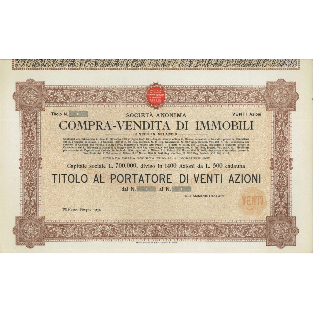 SOC. ANON. COMPRA-VENDITA DI IMMOBILI - 20 AZIONI - MILANO 1933