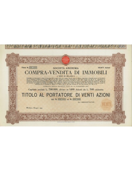 SOC. ANON. COMPRA-VENDITA DI IMMOBILI - 20 AZIONI - MILANO 1933