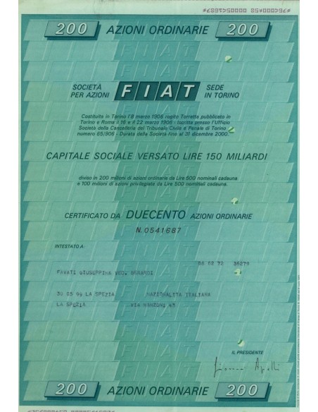 FIAT 200 AZIONI ORDINARIE TORINO 1971