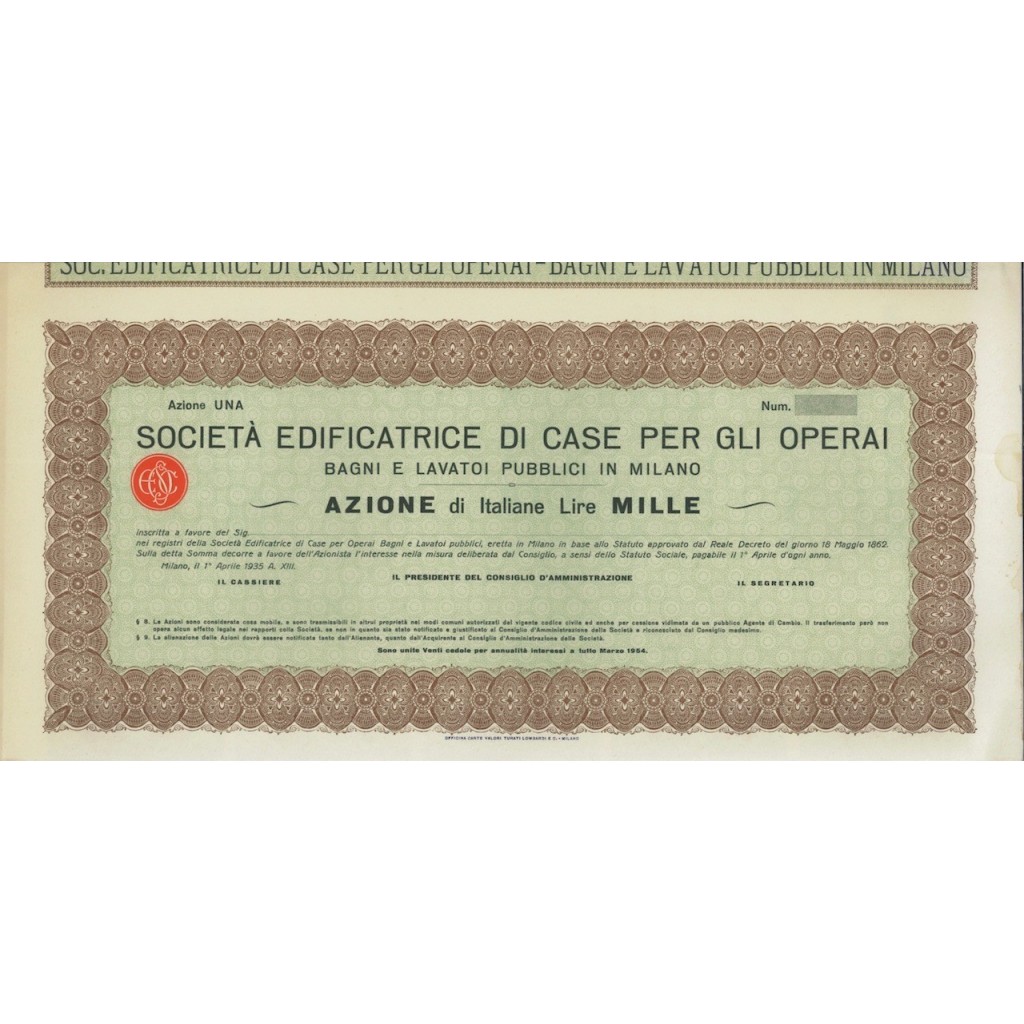 SOC. EDIFICATRICE DI CASE PER GLI OPERAI - 1 AZIONE MILANO 1935