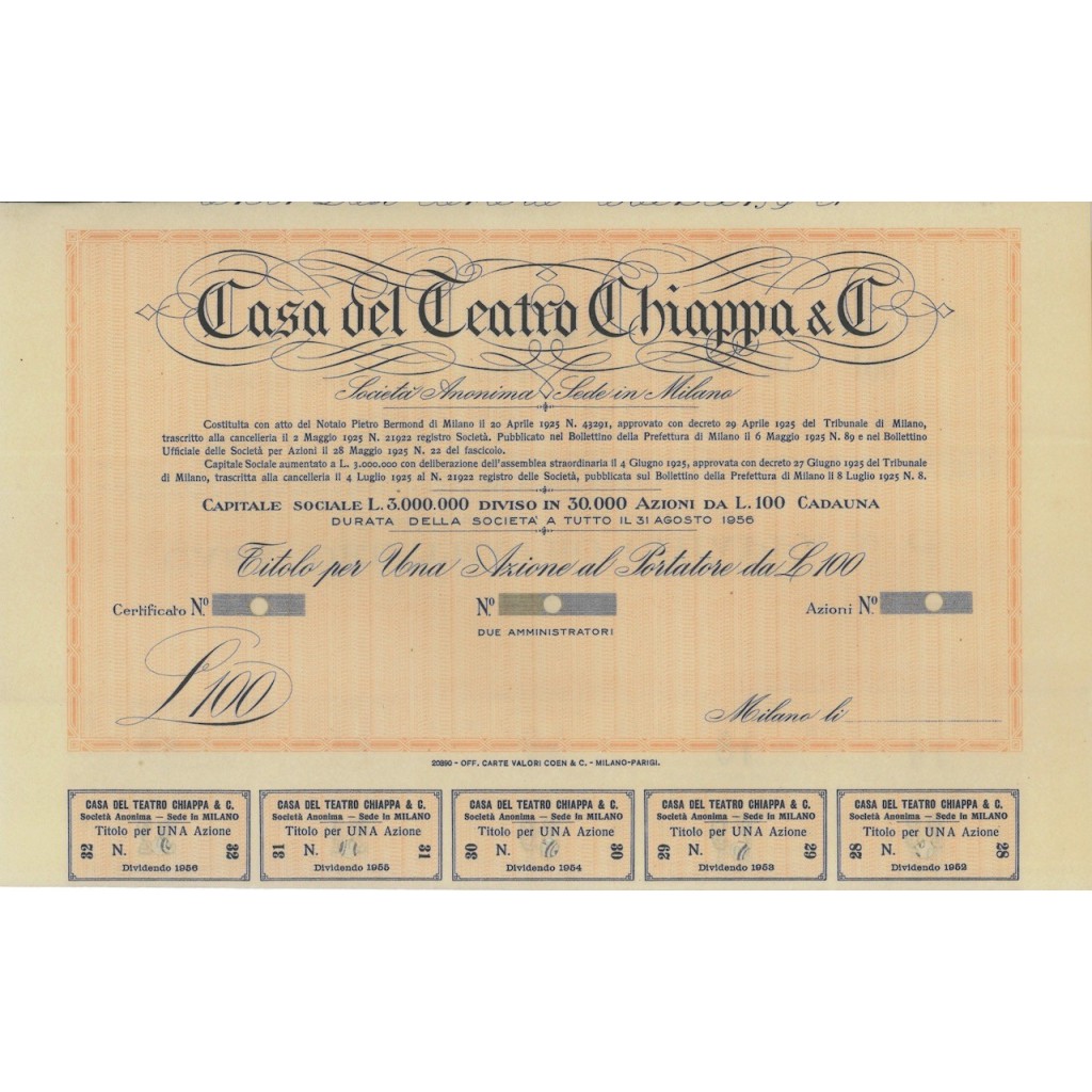 CASA DEL TEATRO CHIAPPA E C. - 1 AZIONE MILANO 1925