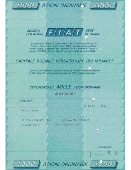 FIAT 1000 AZIONI ORDINARIE TORINO 1971