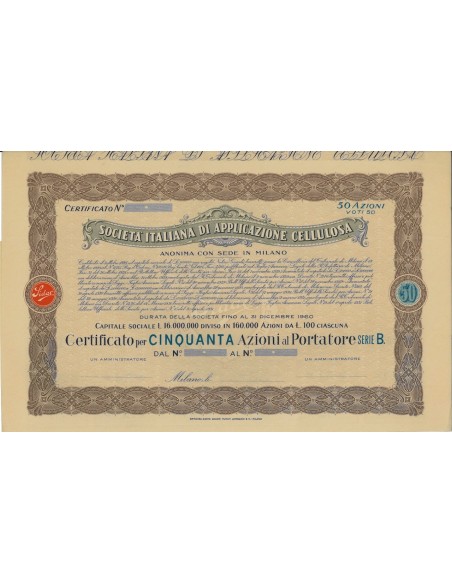 SOC. ITALIANA DI APP. CELLULOSA - 50 AZIONI MILANO 1919