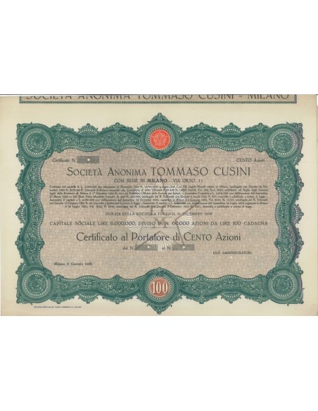 SOC.A NON. TOMMASO CUSINI - 100 AZIONI - MILANO 1929