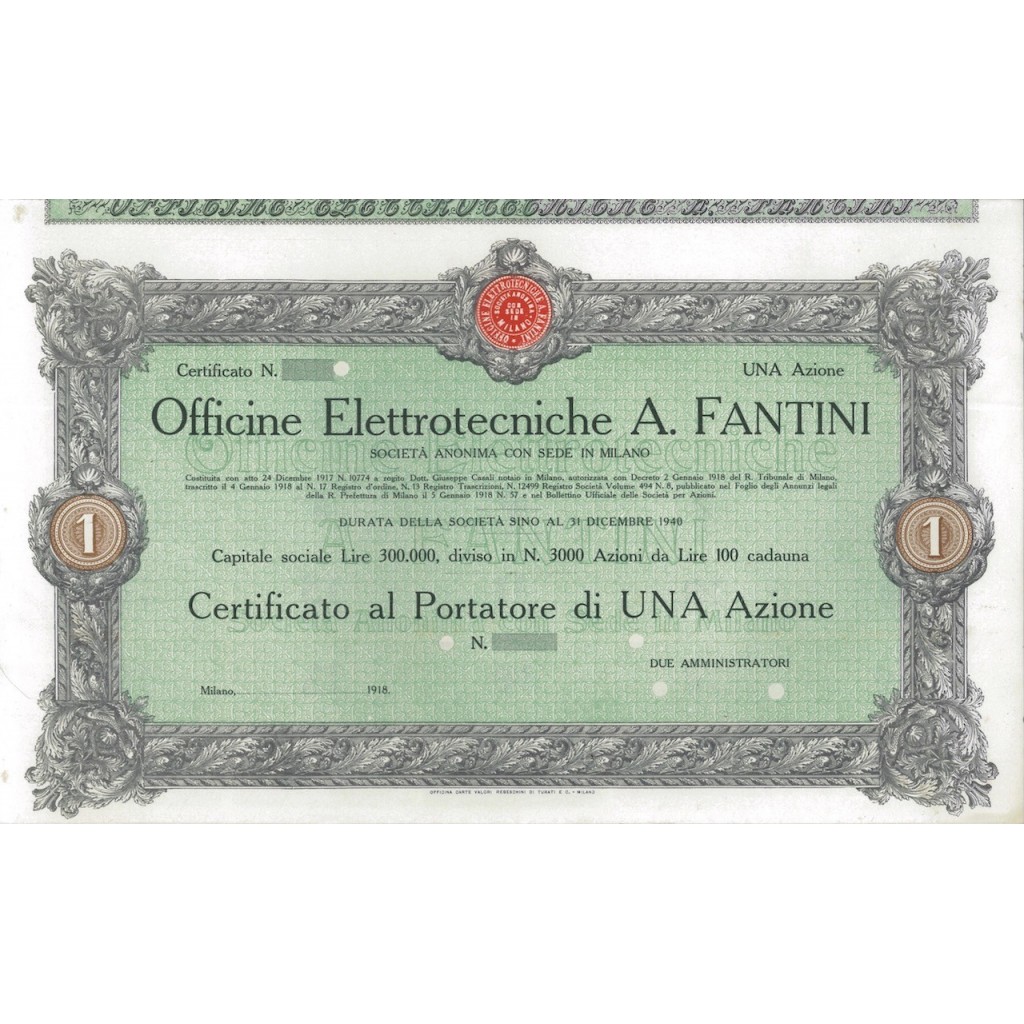 OFFICINE ELETTROTECNICHE A. FANTINI - 1 AZIONE MILANO 1918