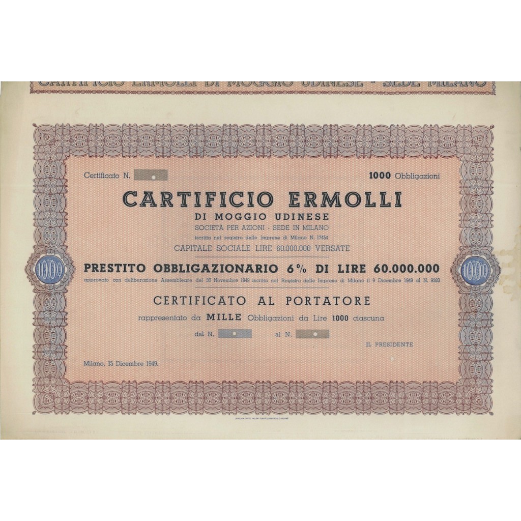 CARTIFICIO ERMOLLI - 1000 OBBLIGAZ. MILANO 1949
