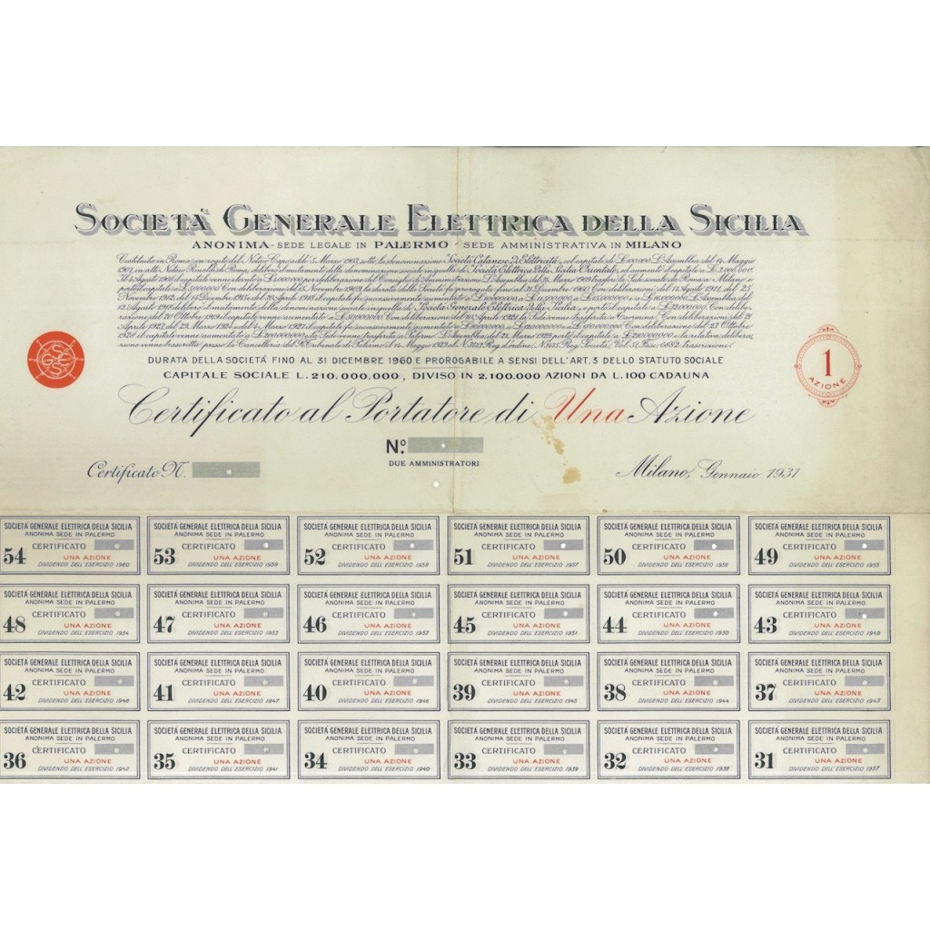 SOC. GEN. ELETTRICA DELLA SICILIA - 1 AZIONE MILANO 1931