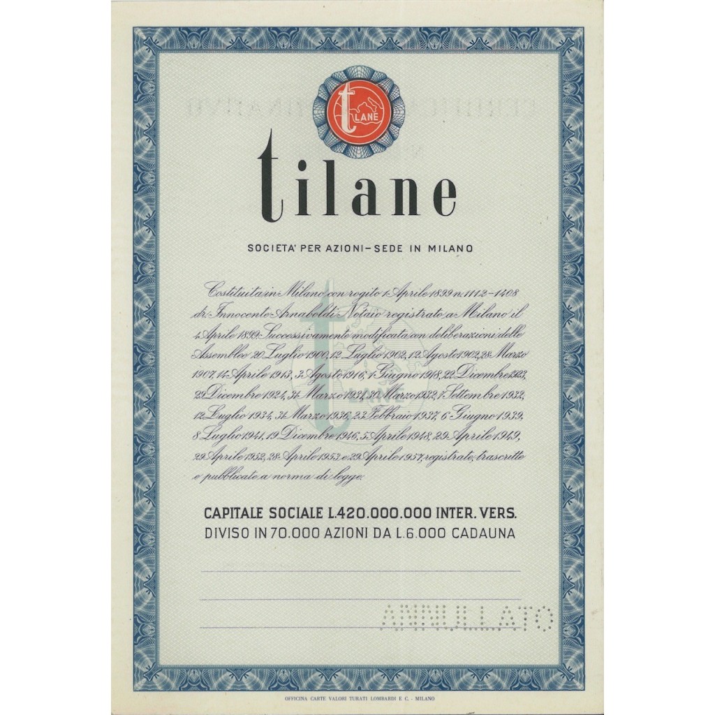 TILANE SPA - AZIONI - MILANO 1899