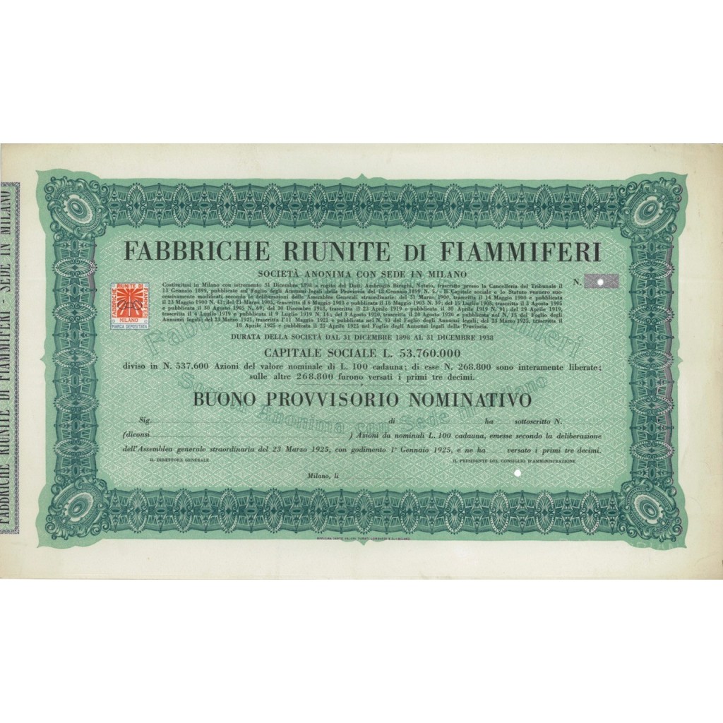FABBRICHE RIUNITE DI FIAMMIFERI - BUONO PROVVISORIO MILANO 1898