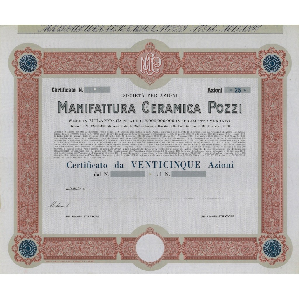 MANIFATTURA CERAMICA POZZI - 25 AZIONI MILANO 1906