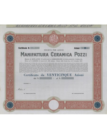 MANIFATTURA CERAMICA POZZI - 25 AZIONI MILANO 1906