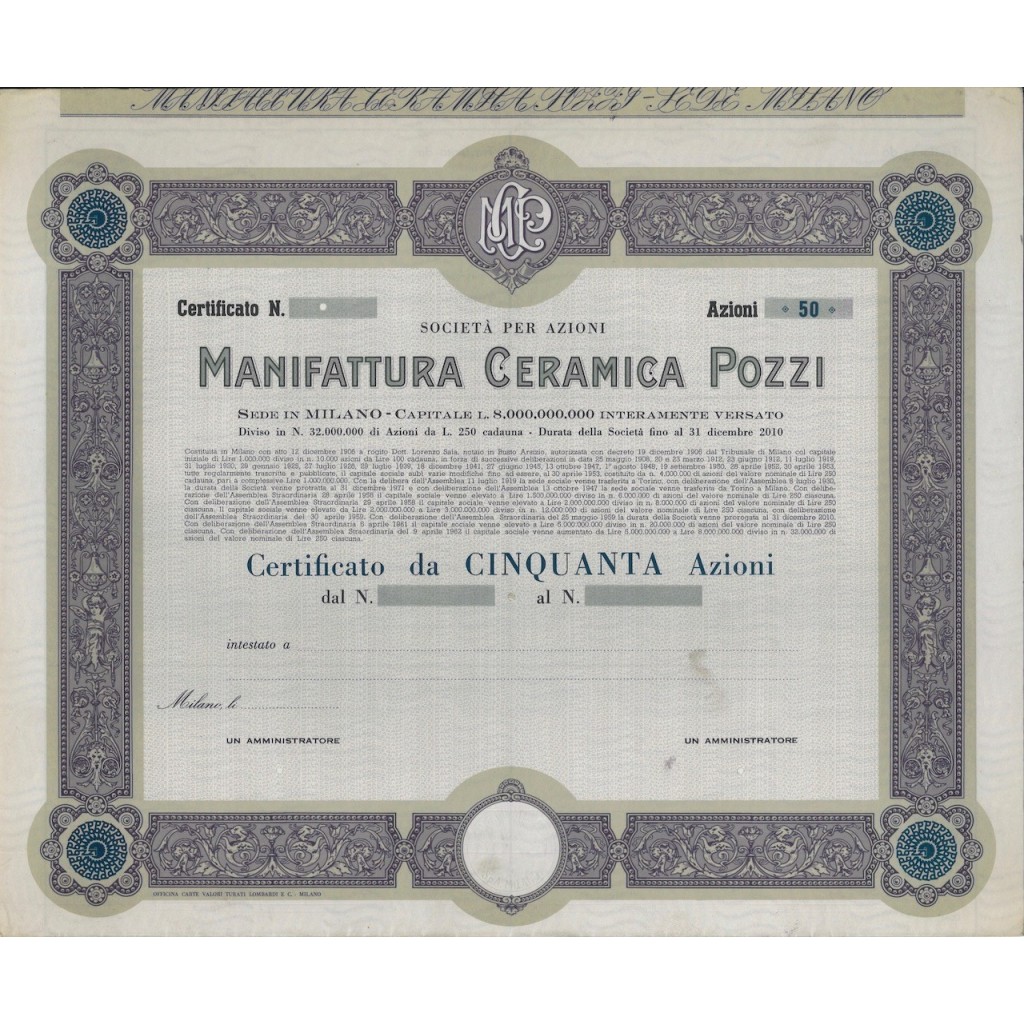 MANIFATTURA CERAMICA POZZI - 50 AZIONI MILANO 1906