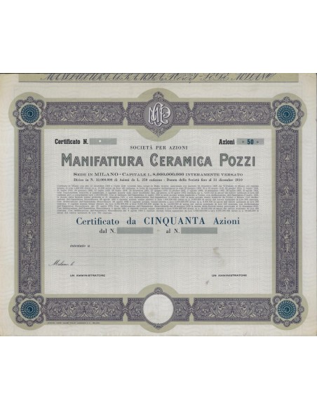 MANIFATTURA CERAMICA POZZI - 50 AZIONI MILANO 1906