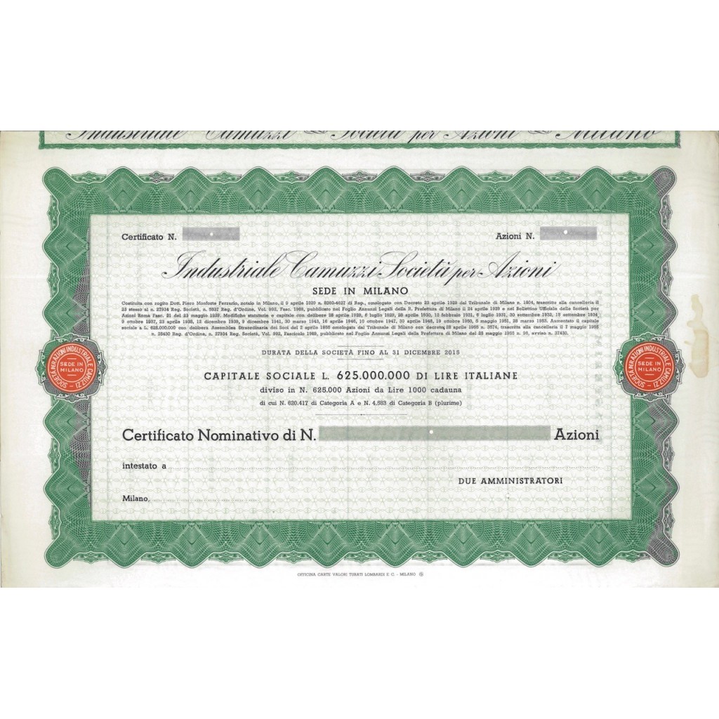 INDUSTRIALE CAMUZZI SPA - AZIONI MILANO 1929