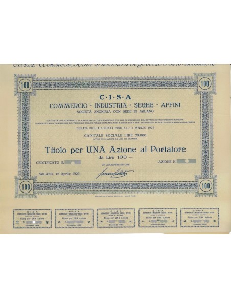 C.I.S.A. COMMERCIO INDUSTRIA SEGHE AFFINI - 1 AZIONE MILANO 1925