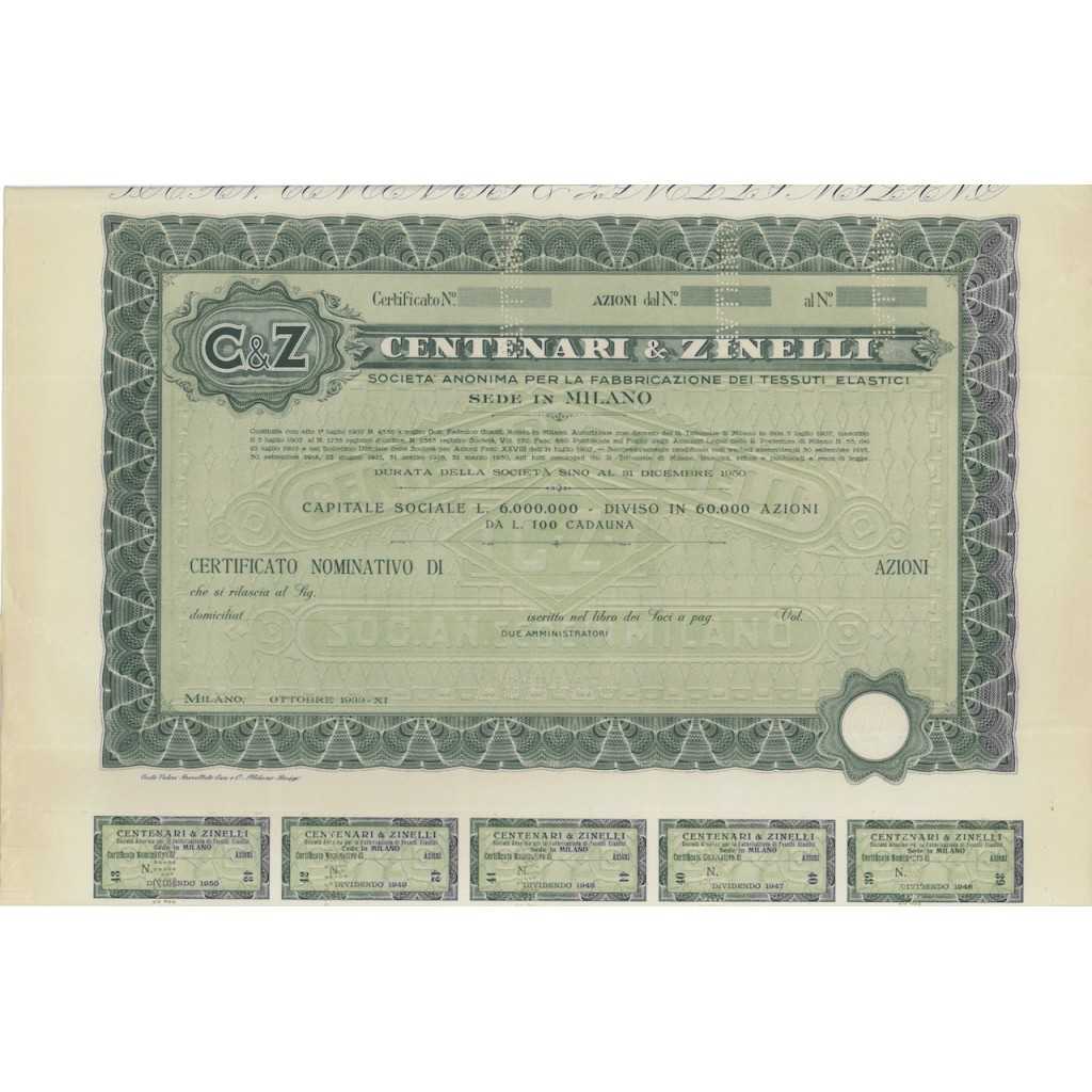 CENTENARI E ZINELLI - AZIONI MILANO 1939