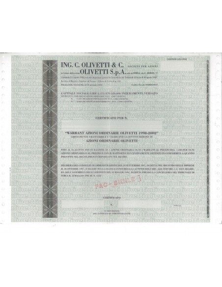 OLIVETTI SPA - WARRANT DI AZIONI - IVREA 1998