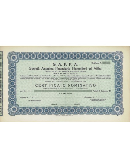 S.A.F.F.A. SOC.ANON.FINANZIARIA FIAMMIFERI E AFFINI - AZIONI MILANO 1934