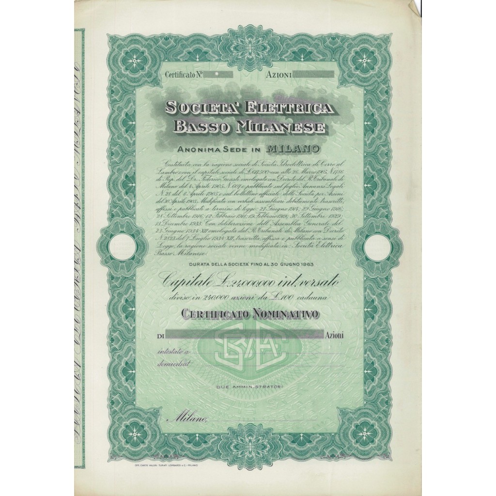 SOC. ELETTRICA-BASSO MILANESE - AZIONI - MILANO 1905