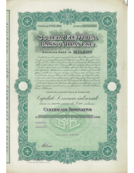 SOC. ELETTRICA-BASSO MILANESE - AZIONI - MILANO 1905