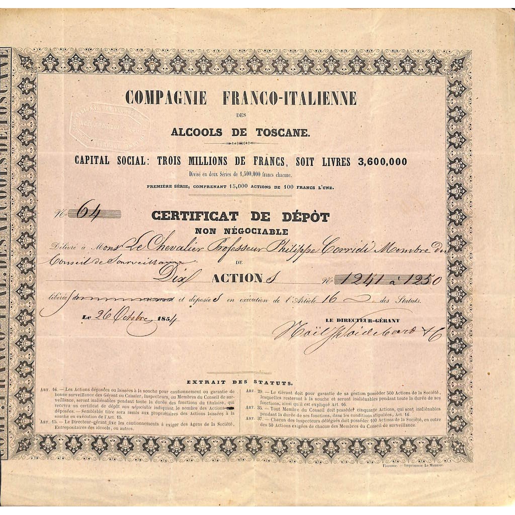 COMPAGNIE FRANCO-ITALIENNE DES ALCOOLS DE TOSCANE ACTION 1854