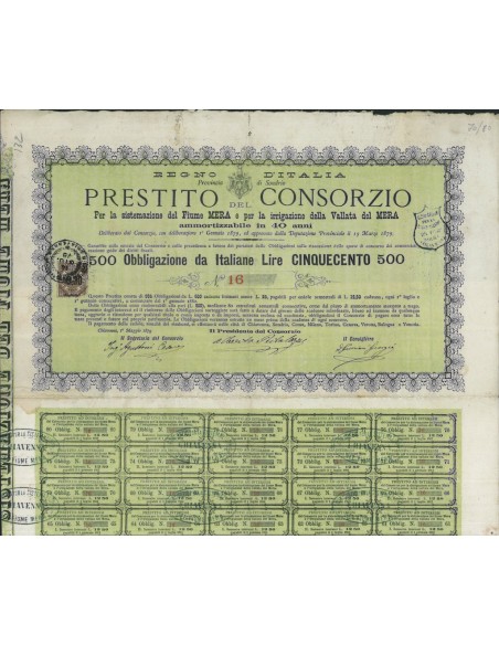 PREST. DEL CONS. PER IL FIUME MERA E L`IRRIGAZ. VALLATA DEL MERA 500 OBBLIGAZIONI CHIAVENNA 1879