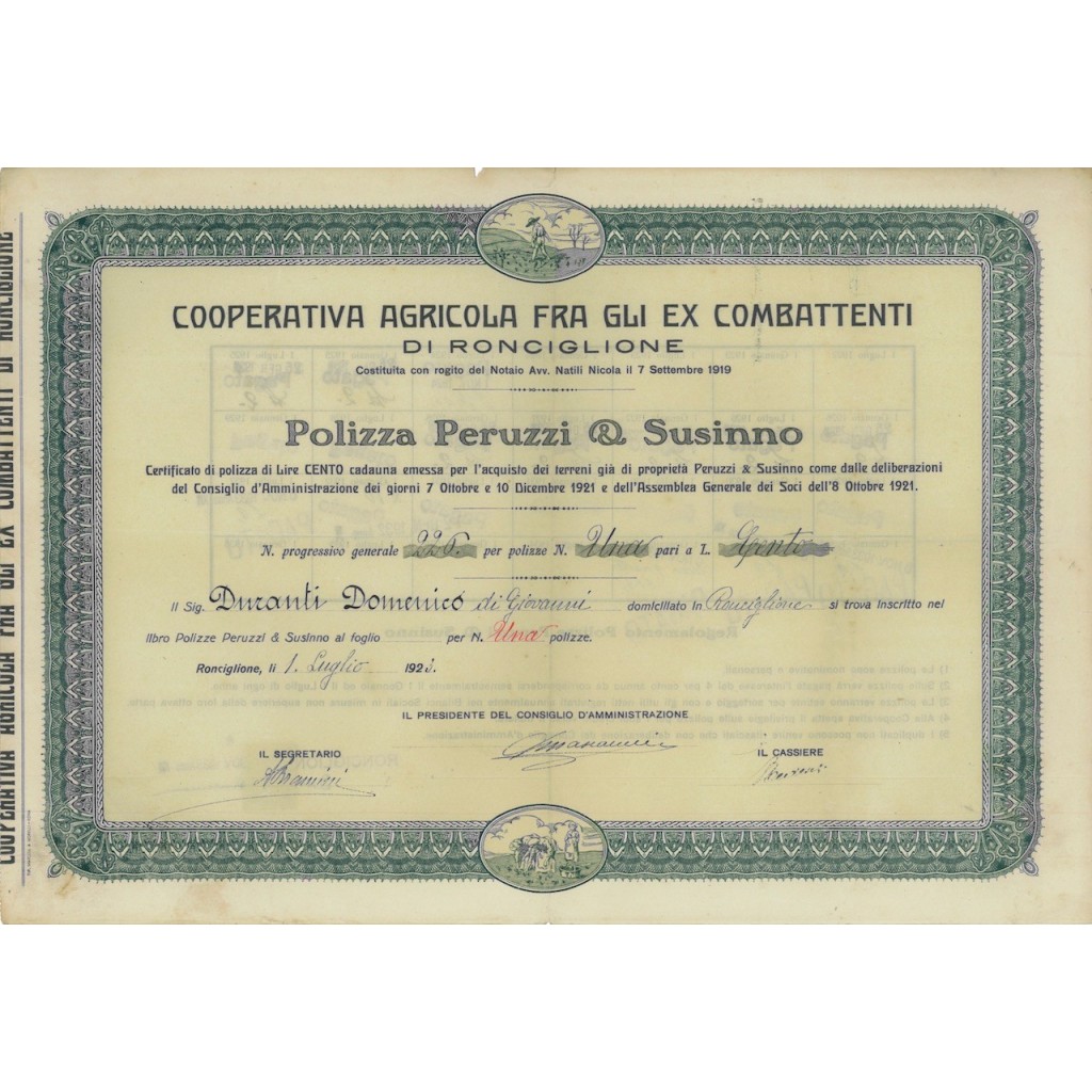 COOP. AGRICOLA EX COMBATTENTI - POLIZZA - RONCIGLIONE 1923