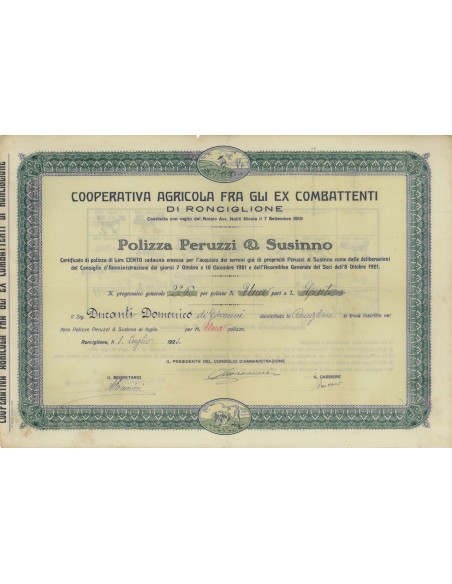 COOP. AGRICOLA EX COMBATTENTI - POLIZZA - RONCIGLIONE 1923