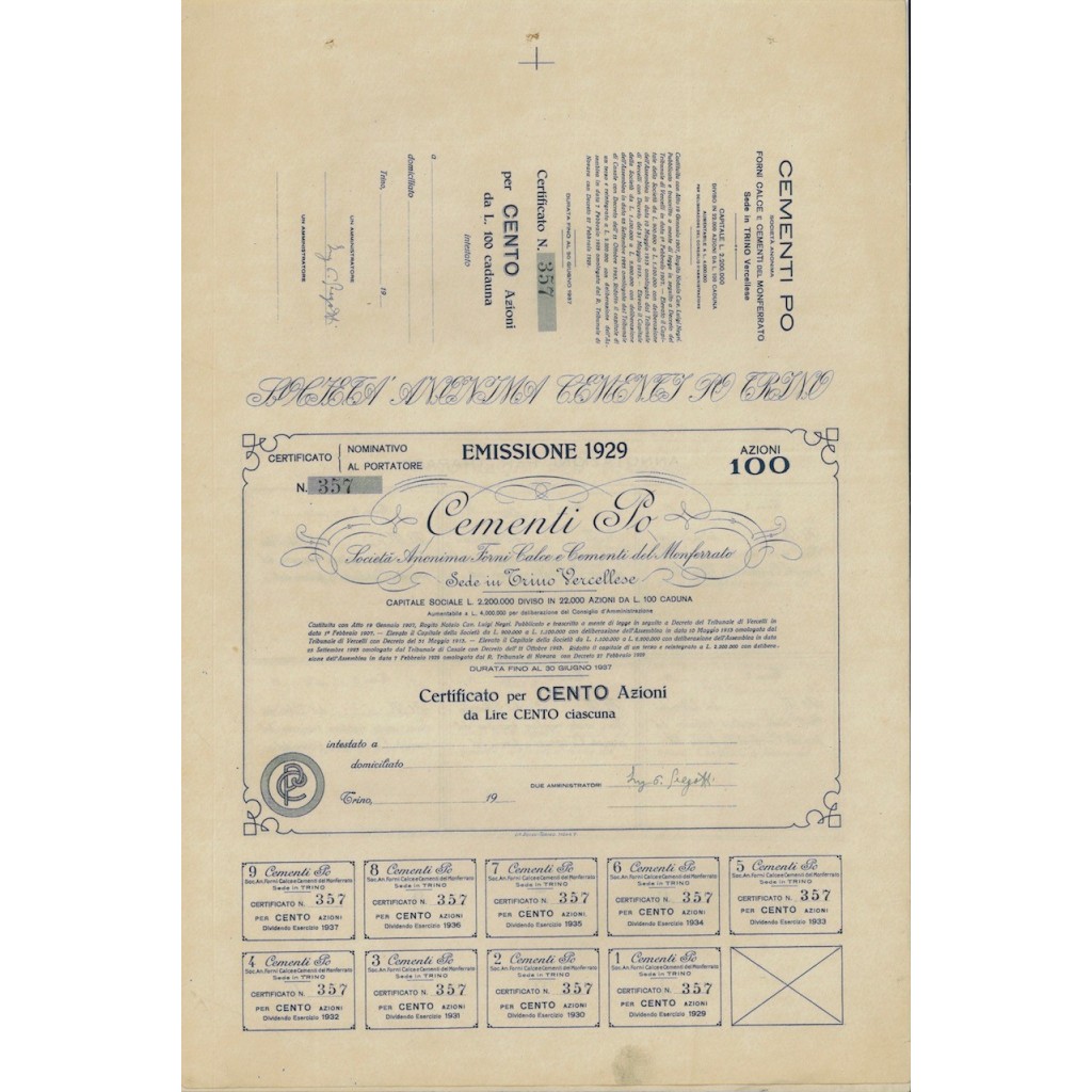 CEMENTI PO - 100 AZIONI TRINO V. 1929