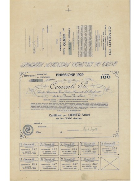 CEMENTI PO - 100 AZIONI TRINO V. 1929