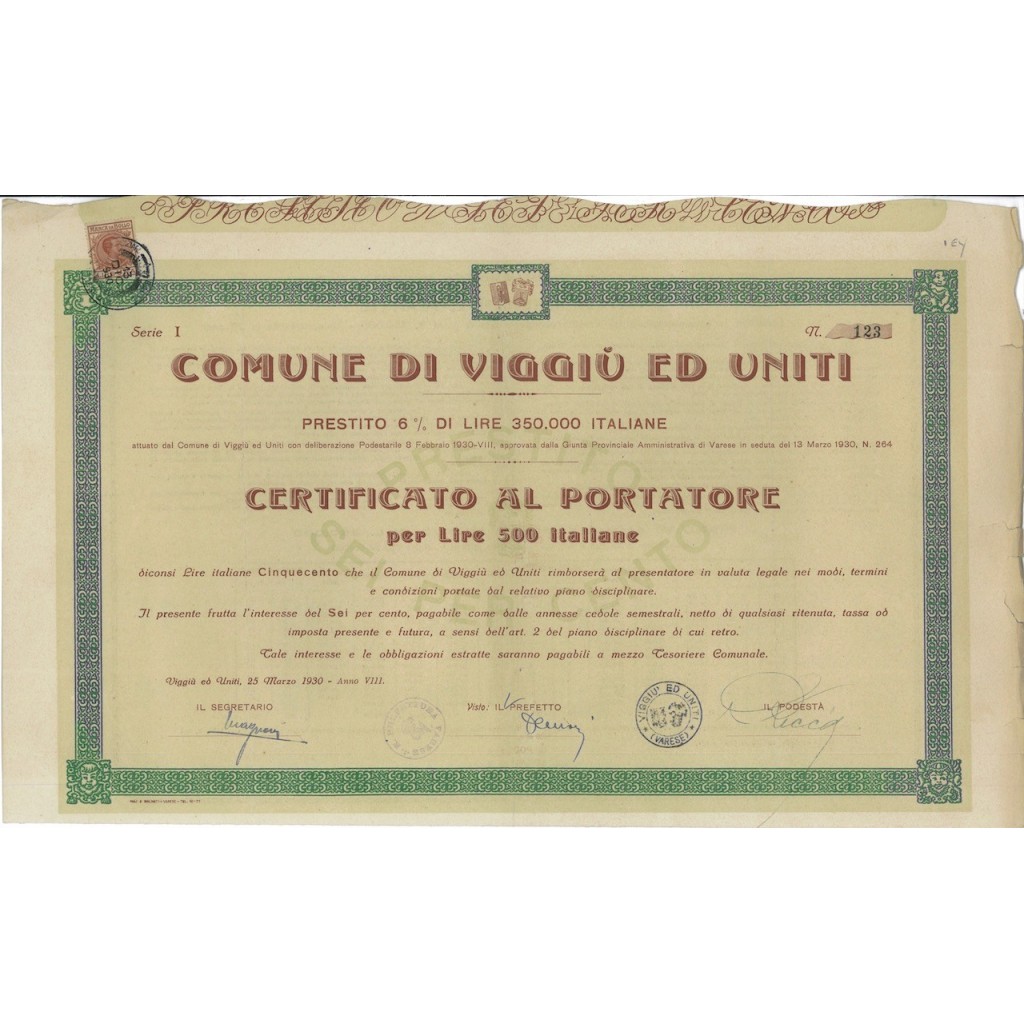 COMUNE DI VIGGIU' ED UNITI - PRESTITO 6% - VIGGIU' 1930