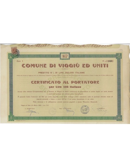 COMUNE DI VIGGIU' ED UNITI - PRESTITO 6% - VIGGIU' 1930