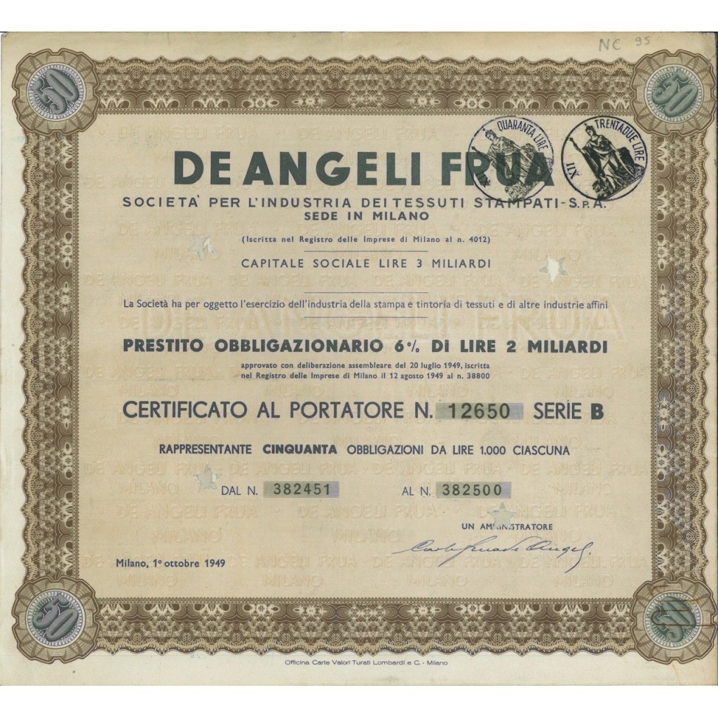 DE ANGELI FRUA - 50 OBBLIGAZIONI MILANO 1949