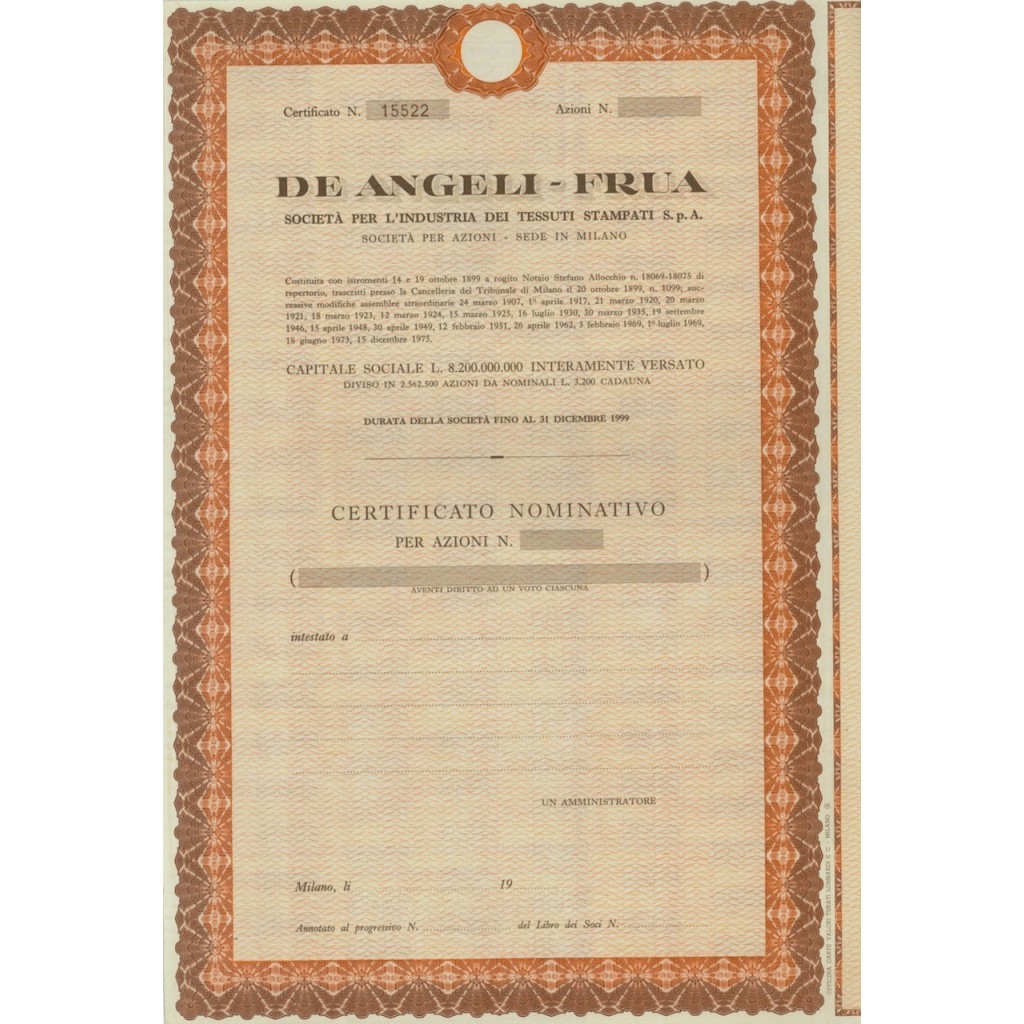 DE ANGELI-FRUA - AZIONI MILANO 1899