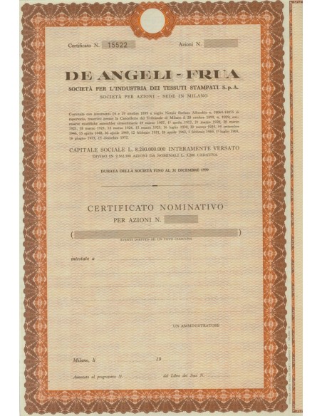 DE ANGELI-FRUA - AZIONI MILANO 1899