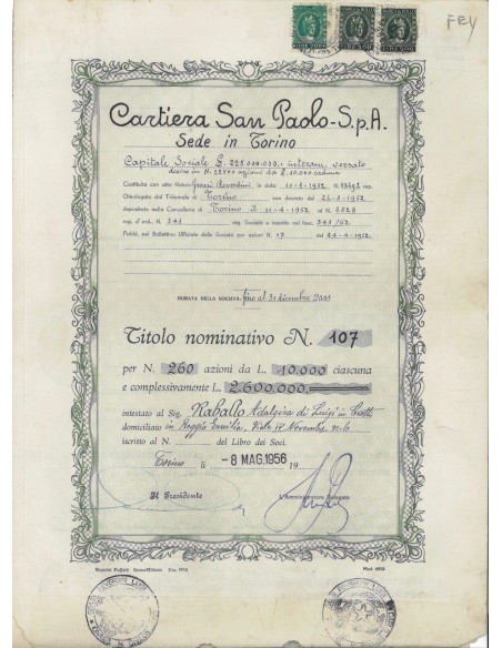 CARTIERA SAN PAOLO SPA - 260 AZIONI TORINO 1956