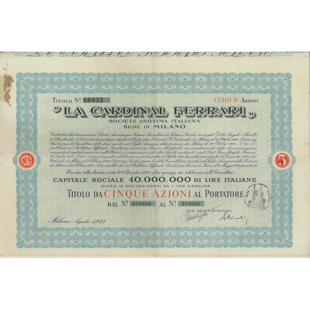 LA CARDINAL FERRARI - 5 AZIONI - MILANO 1928