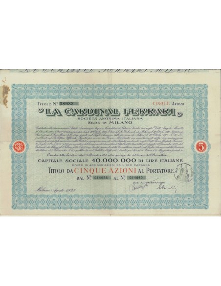 LA CARDINAL FERRARI - 5 AZIONI - MILANO 1928