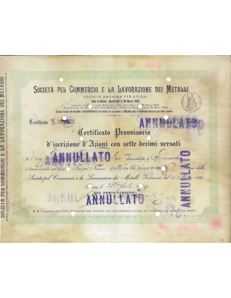 SOC. PEL COMMERCIO E LAVORAZIONE METALLI - 700 AZIONI GENOVA 1909