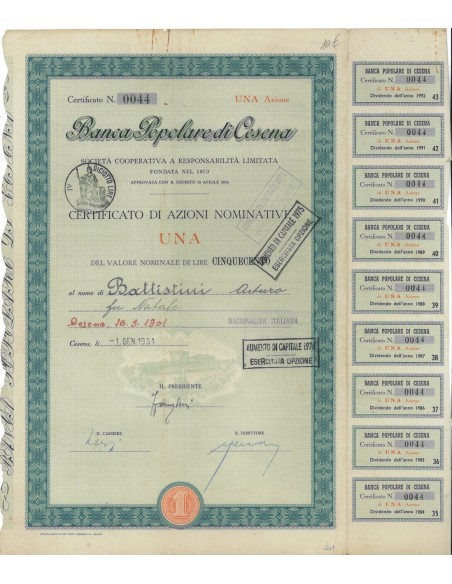 BANCA POPOLARE DI CESENA - 1 AZIONE CESENA 1951