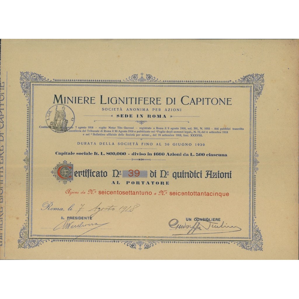 MINIERE LIGNITIFERE DI CAPITONE CERTIFICATO DI AZIONI ROMA 1918