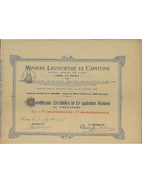 MINIERE LIGNITIFERE DI CAPITONE CERTIFICATO DI AZIONI ROMA 1918