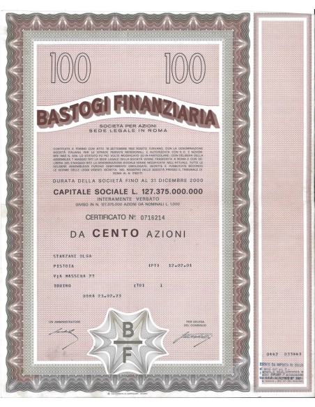 BASTOGI FINANZIARIA - 100 AZIONI ROMA 1973