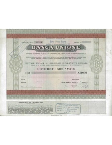 BANCA UNIONE - 50 AZIONI - MILANO 1973
