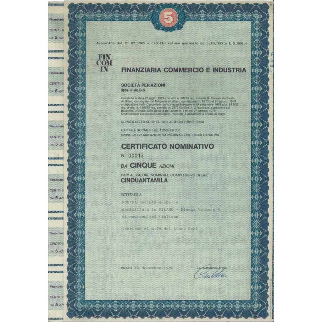FINANZIARIA COMMERCIO E INDUSTRIA - 5 AZIONI MILANO 1980