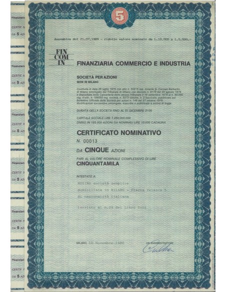 FINANZIARIA COMMERCIO E INDUSTRIA - 5 AZIONI MILANO 1980