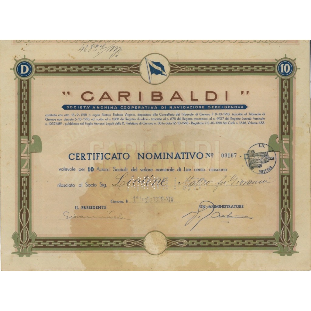 GARIBALDI SOC. ANON. COOP. DI NAVIGAZIONE 10 AZIONI GENOVA 1936